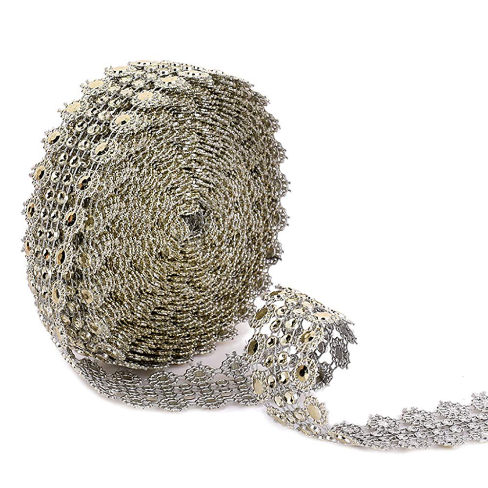 Pofet 2# 5 Yards Crystal Flower Rhinestone Chain Mesh Ribbon Trims Sewing Crafts Applique Gold