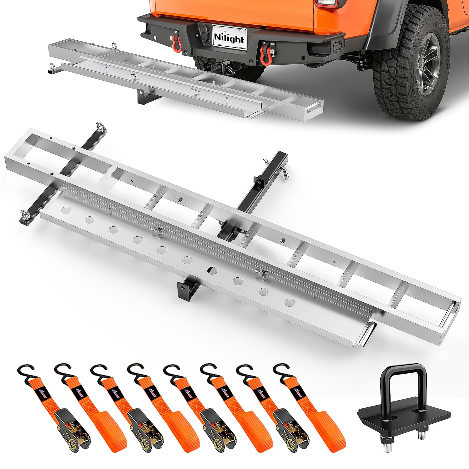 Nilight Motorcycle Hitch Carrier 400LBS, Lightweight Robust Aluminum Dirt Bike Hitch Hauler with 55.11" Longer Ramp, Pin Lock, Tie-Down Strap and Tightener, 2" Receiver, 5" Wide Tire
