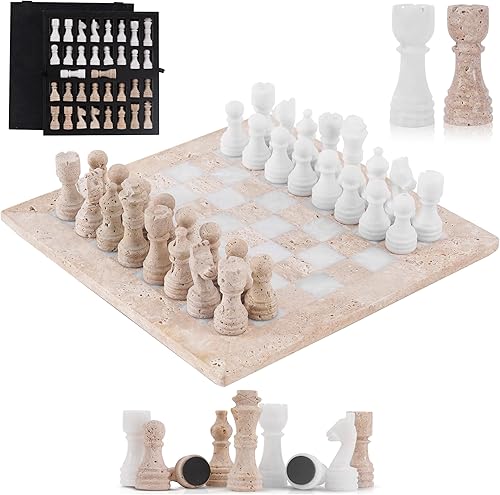 Miniatura 7 de Juego de ajedrez de mármol de 12 pulgadas hecho a mano blanco y travertino para adultos con caja de almacenamiento, tablero de ajedrez clásico con