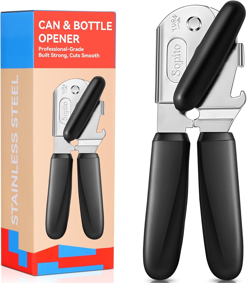 Sopito Can Opener Manual Magnetic Can Openers for Seniors Heavy Duty Safety Can Opener with Sharp Stainless Steel Blade, Black