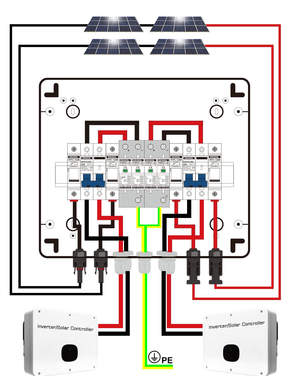 DIHOOL PV-Solar-Kombinierbox für Solarzellen, 2-strängig, 25 A, Anschlussdose, DC500 V, 25 A, 2-in-2-Ausgang