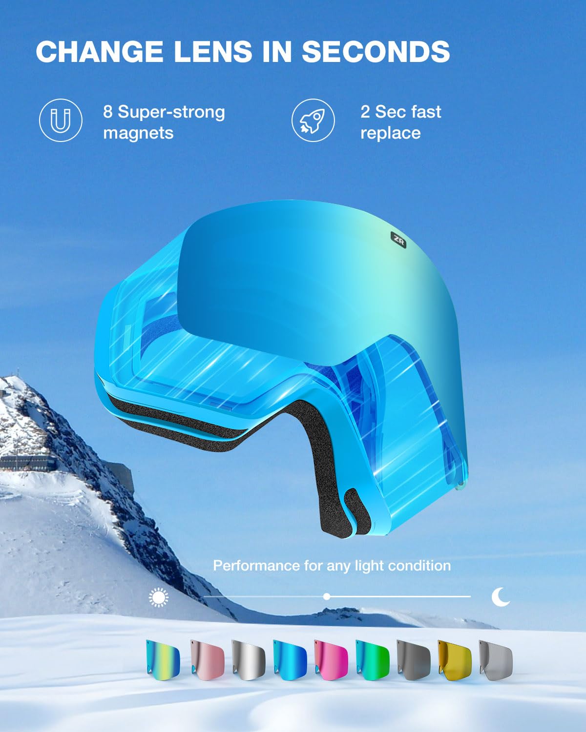 ZIONOR X11 Gogle narciarskie snowboardowe z magnetyczną wymienną soczewką cylindryczną przeciwmgielną ochrona przed promieniowaniem UV dla mężczyzn kobiet dorosłych (niebieska ramka RevoWhiteIceBlue
