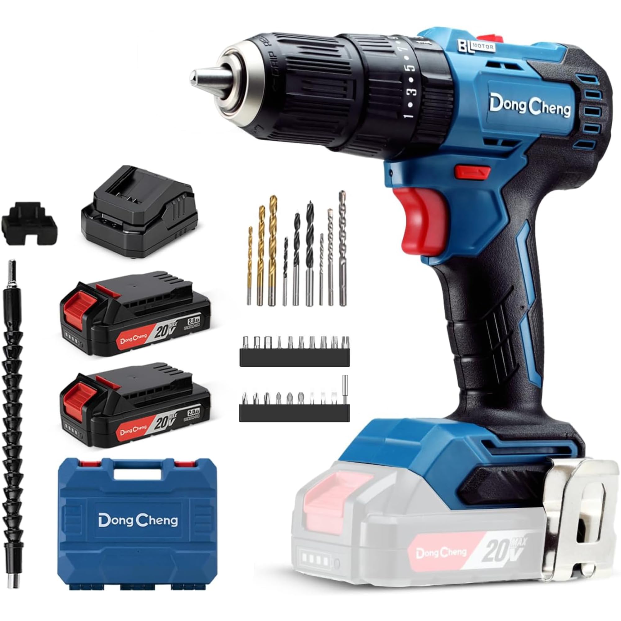 Dong Cheng 20V Brushless Heavy-Duty Impact Drill, 50N.m, 2x2.0Ah Battery, 13mm Keyless Metal Chuck, 27000 IPM, 20+1+1 Clutch, Cordless Hammer Drill for Drilling Brick Wall, Metal, Wood