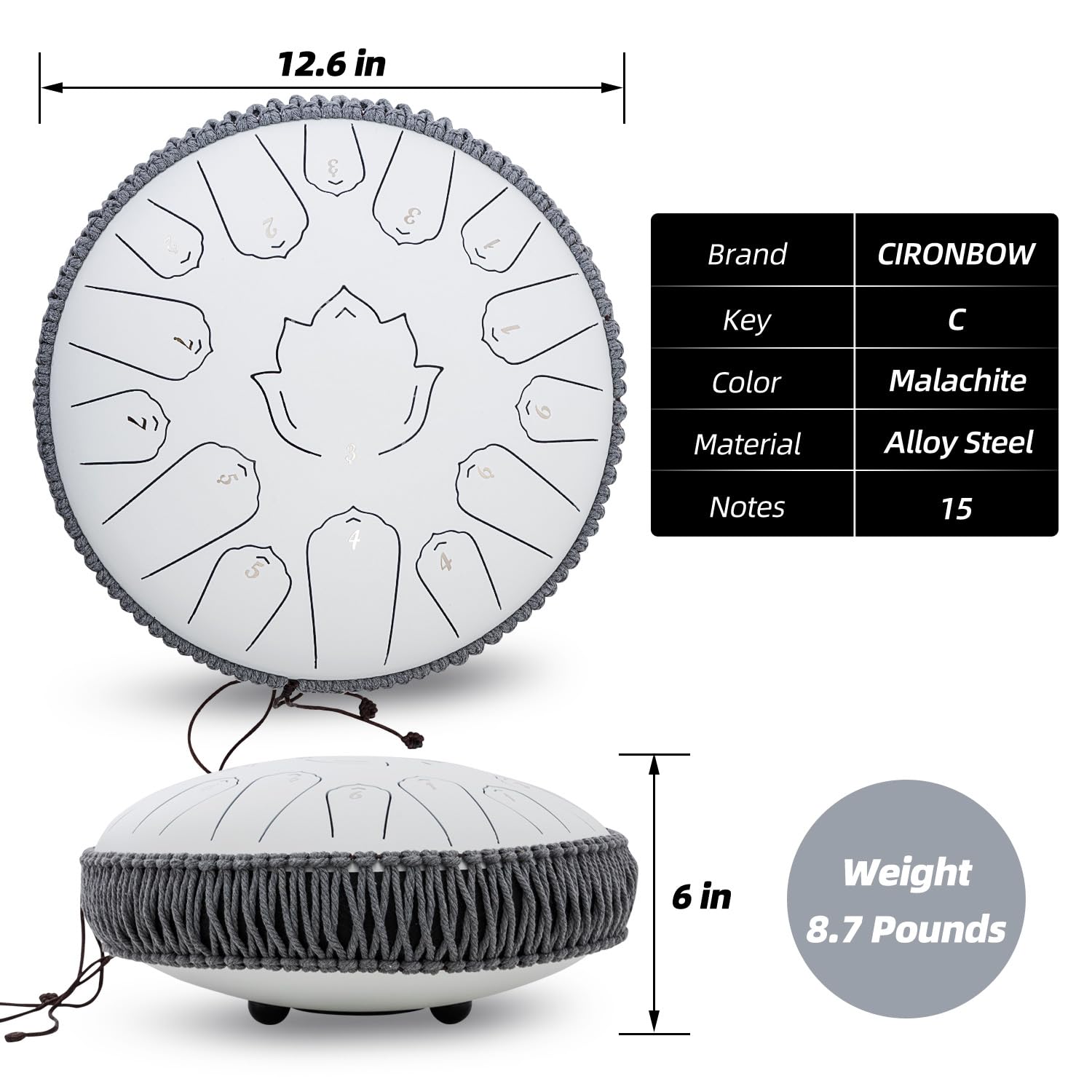 Tambour à langue en acier de 33 cm à 15 notes, avec sac de voyage en C, pagaies de doigt et livre de musique, percussion à main pour l'éducation musicale, la méditation, le yoga, cadeaux (blanc titane