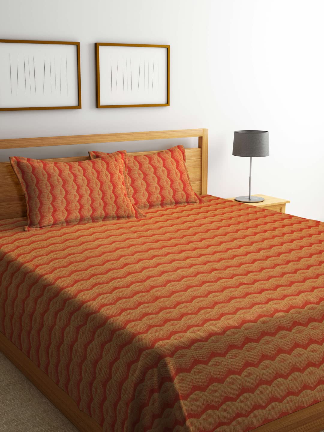 FABINALIV Orange Chevron 100% Cotton Handwoven King Size Double Bedcover with 2 Pillow Covers (FLBD-1018-Orange)-image-2