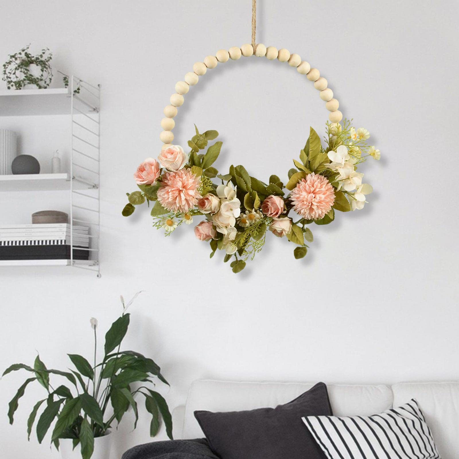 Künstlicher Blumenkranz, Türgirlande, Dekoration mit Perlen, Holz Und Grünem Laub, Geeignet für Die Dekoration von Schlafzimmern, Esszimmern Und Türen, ROSA