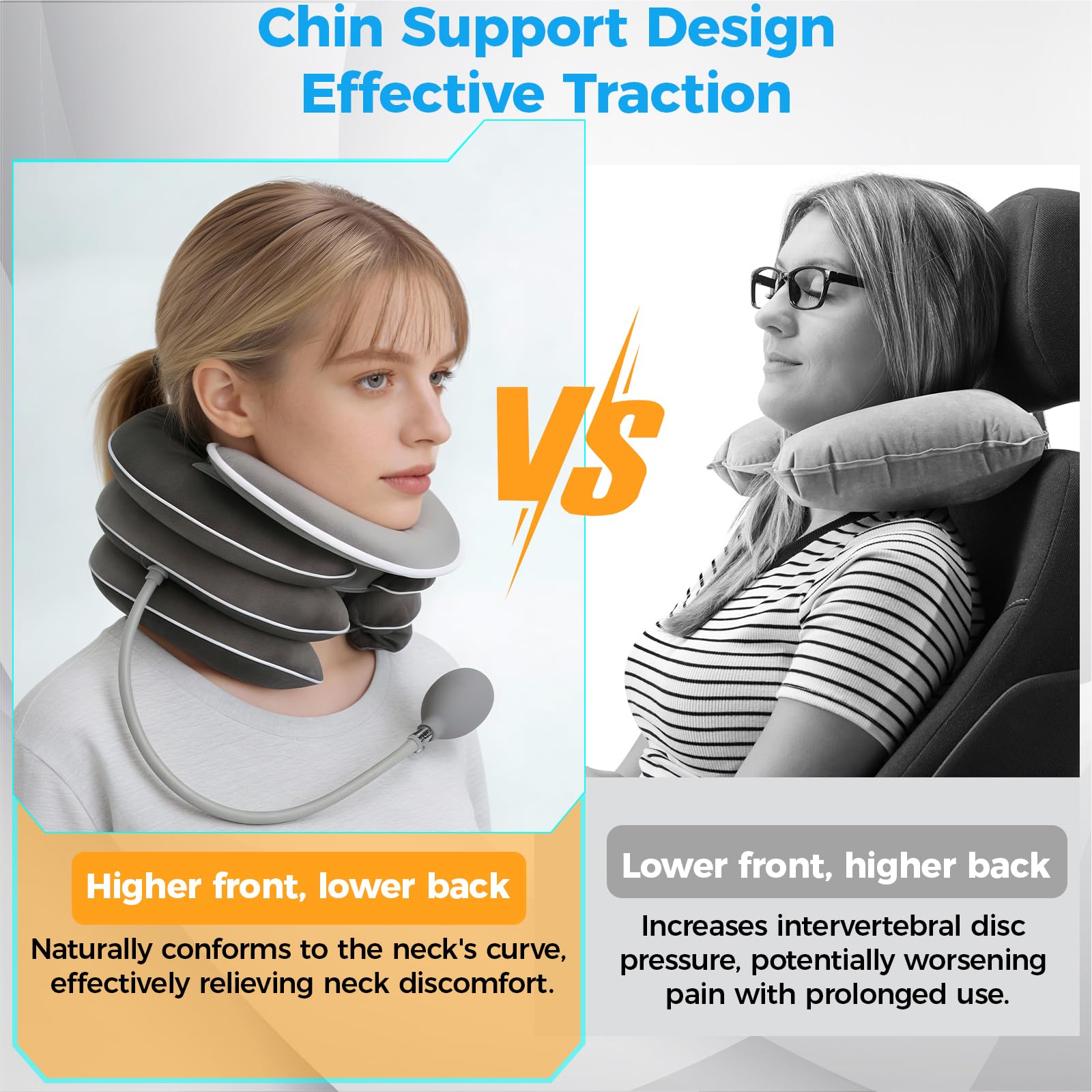 Coussin de nuque gonflable pour traction cervicale avec design d'étirement à 3 couches et design de soutien du menton, Coussin de nuque ergonomique portable avec pompe à air