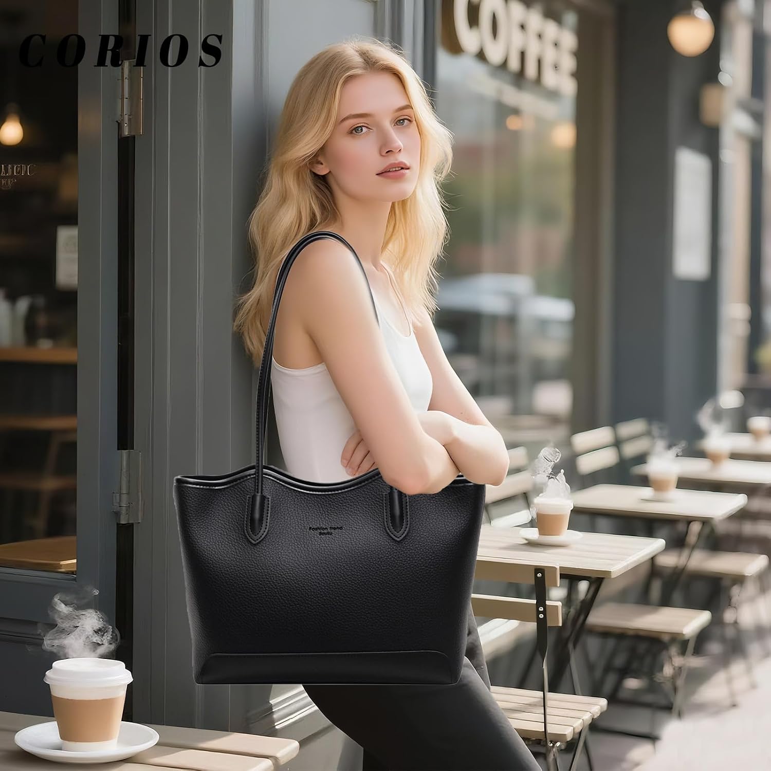 CORIOS PU Leather Tote Bag Women Laptop Handbag with Zipper Spacious Multi-Pocket Designer Top Handle Bag Shoulder Bag