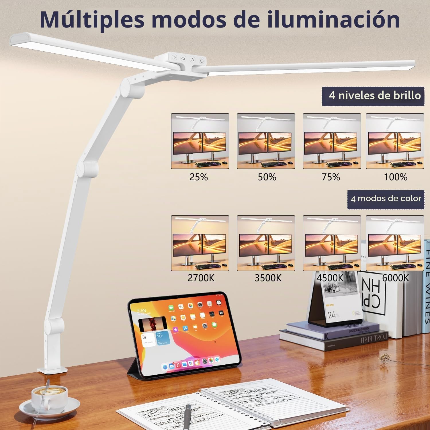 KableRika Lámpara escritorio LED de doble cabezal con pinza, 24W Blanco | 1200 lm, 3 articulaciones de fricción con ajuste de 225°, brillo automático – ideal para oficina y trabajo con ordenador