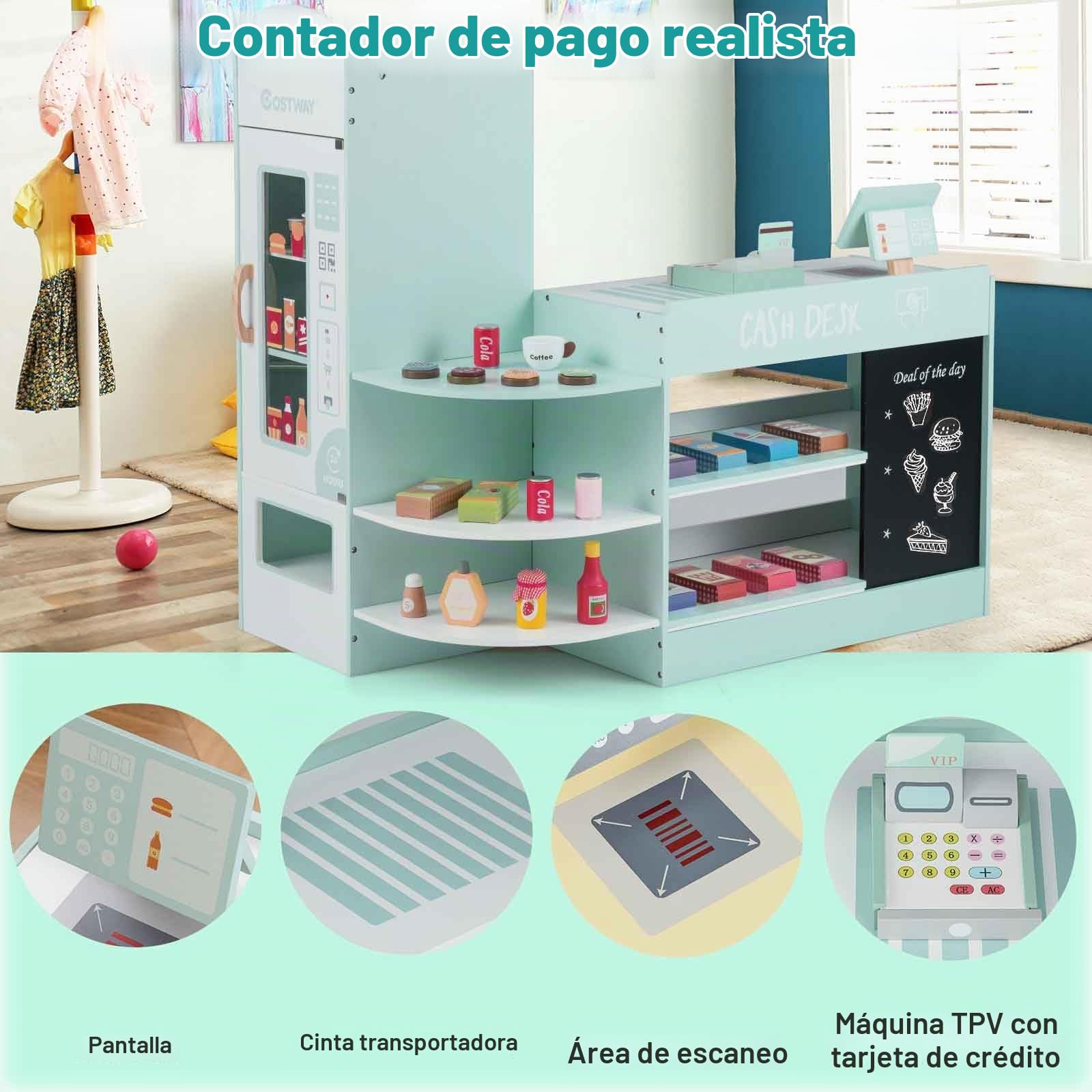 HOMASIS Tienda Infantil de comestibles, Tienda de Madera con mostrador Lateral, Juego de supermercado con Caja registradora, TPV, Máquina expendedora, para niños de 3 a 8 años (Verde Claro 89x57x88)