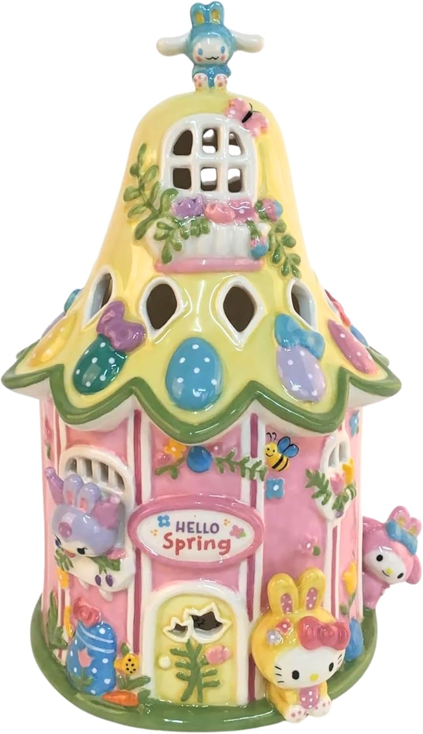 Blue Sky Clayworks Hello Kitty and Friends Easter Candle House, Ceramic, 7" L x 6" W x 9" H, Spring Windows Glow