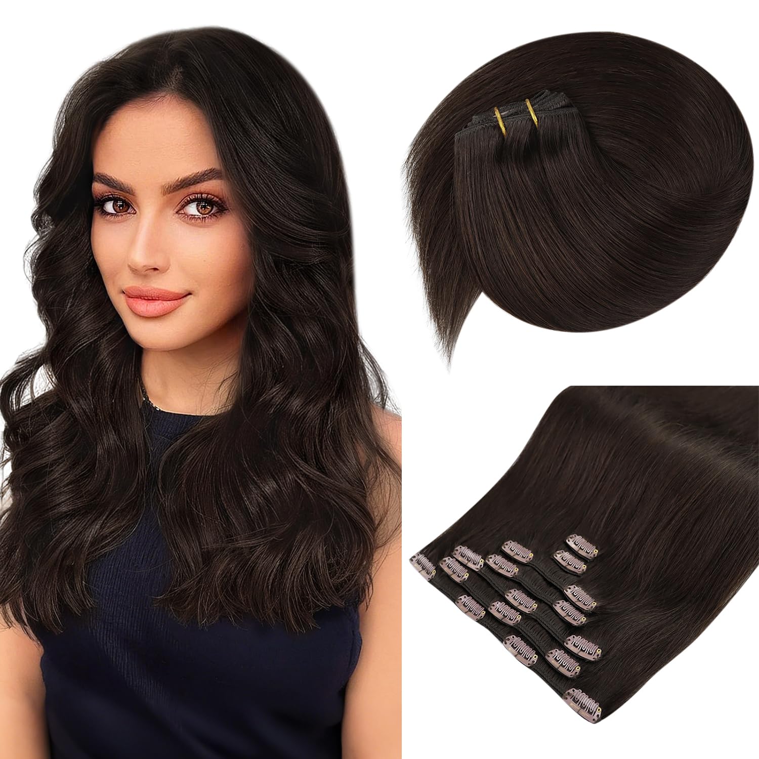 Sunny Hair Clip in Hair Extensions Straight Human Hair Clip in Extensions Remy Clip in Hair Extensions Real Human Hair Extensions Clip ins Full Head Chocolate Brown Color 4 20inch