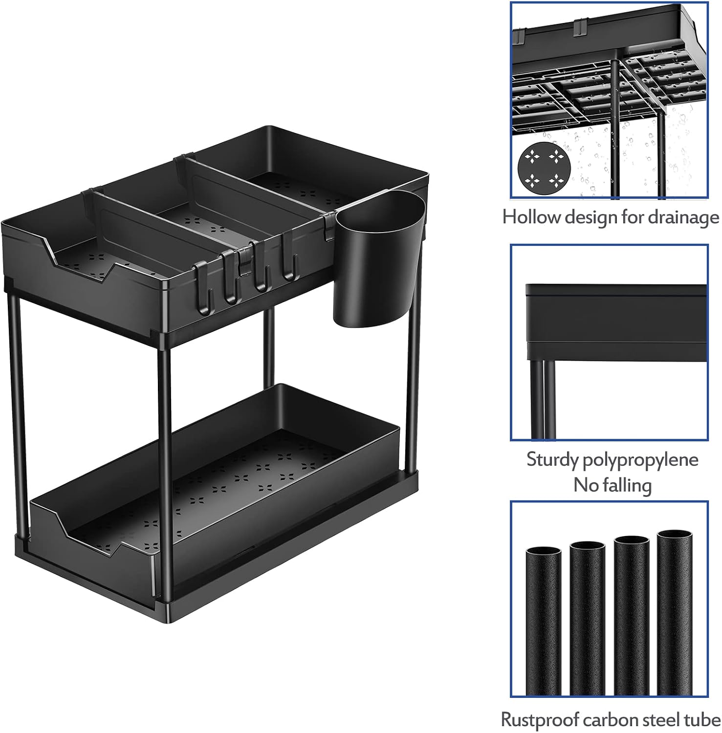 Puricon 1 Pack Under Sink Organizers and Storage 2-Tier Double Sliding Pull-out Drawer, Under the Sink Organizer Kitchen Multi-purpose Under Bathroom Sink Shelf Storage Rack for Cabinet -Black