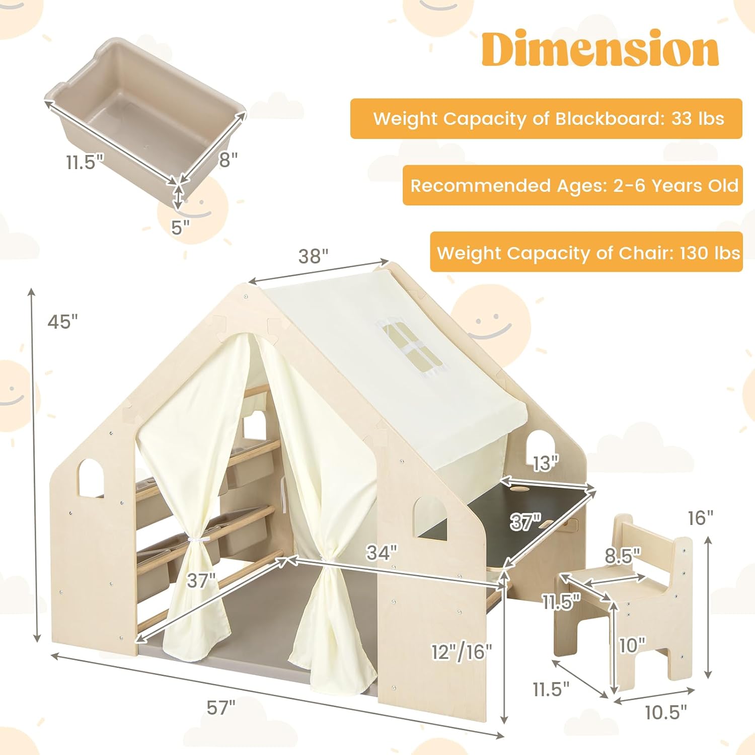 Diagram showing the dimensions of the playhouse, table, chair, and storage bins