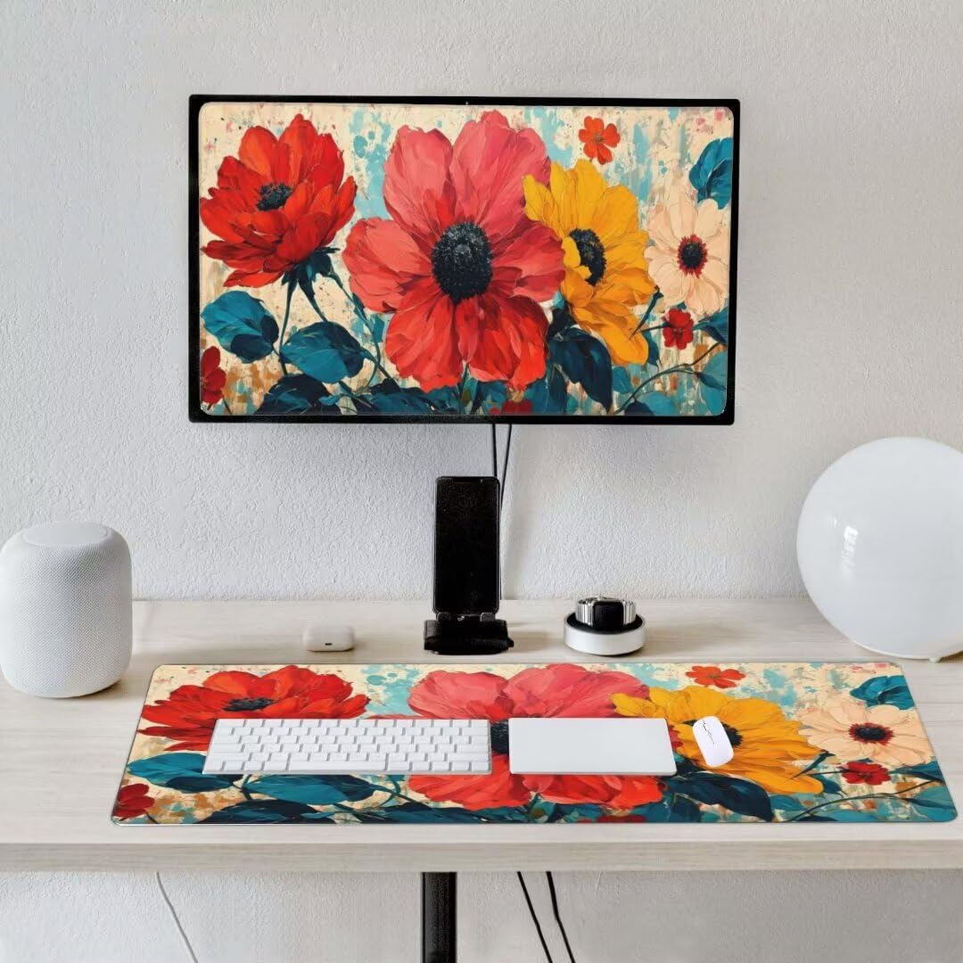 Alfombrilla de ratón 1400x600x3 MM, Alfombrilla Ratón XXL Extendida de Gran Tamaño con Bordes Cosidos, Base de Goma Antideslizante Almohadilla para Teclado, Flores Coloridas S-689