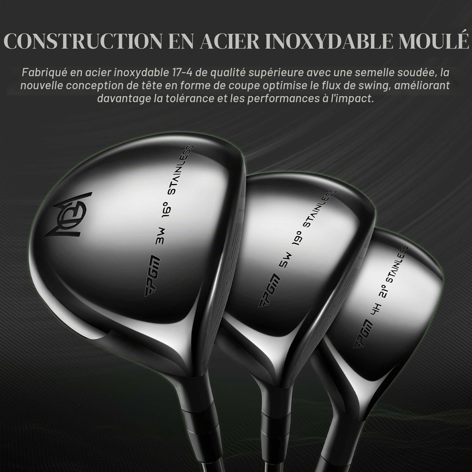PGM Ensembles complets de clubs de golf pour homme - 13 pièces - 3 bois (#1,3,5), 1 hybride (#4H), 6 fers (#5,6,7,8,9,PW), 2 Sand Wedge (52°, 56°), 1 putter - Sac de support de golf, droitier