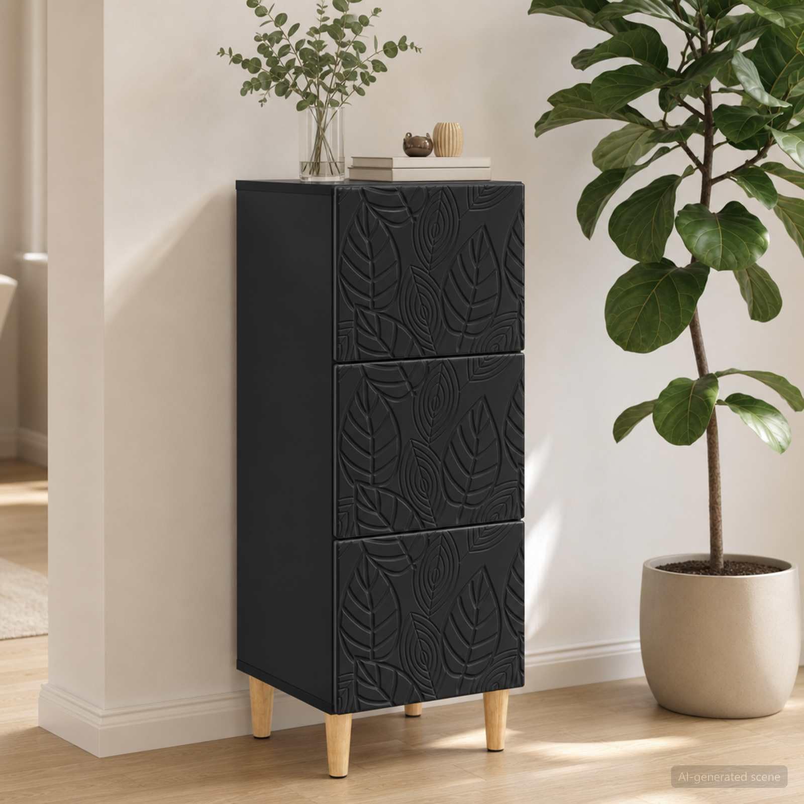 Cassettiera nera in legno 33 x 34,5 x 90 cm con gambe in eucalipto, versatile armadio portaoggetti per ufficio, casa, corridoio e officina