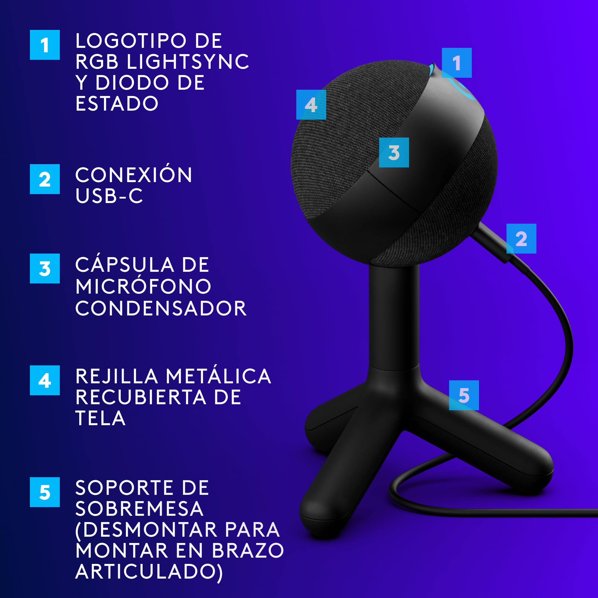 Logitech G Yeti Orb, micrófono Condensador RGB con LIGHTSYNC para Gaming, micrófono USB para Streaming, cardioide, Plug and Play USB para PC/Mac, Negro