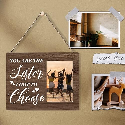 Vista 4 de Nurawo Marco de fotos de madera rústica con texto en inglés "Sister I Got to Choice", marco de fotos de madera para mesa o pared