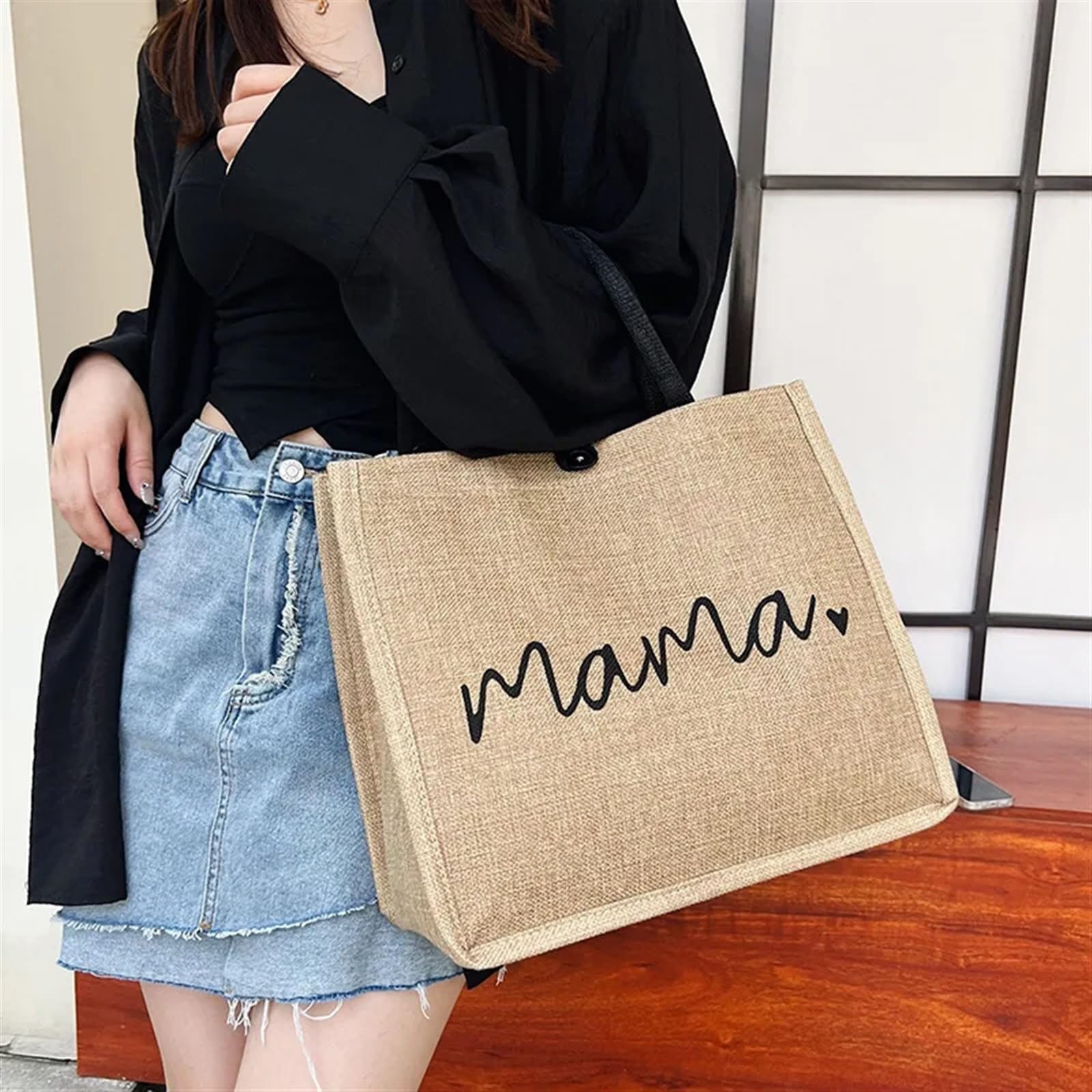 Borsa tote in juta, Borsa tote in iuta marrone grande da donna in lino for lo shopping a spalla for affari, lavoro, viaggi