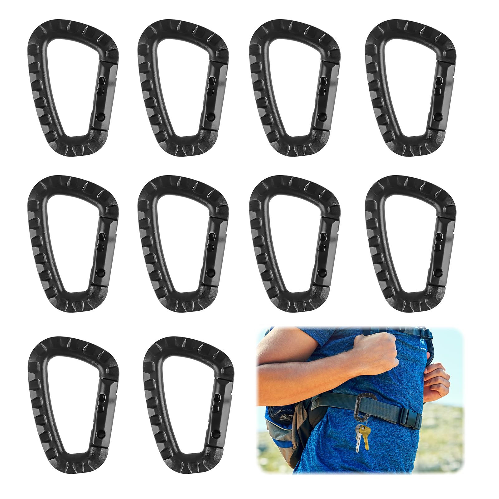 10 Pezzi Moschettone in Plastica, Moschettone Tattico Forma a D Moschettone Portachiavi Moschettone con Chiusura, Moschettone Multiuso per Campeggio, Pesca, Trekking o Viaggio, Nero