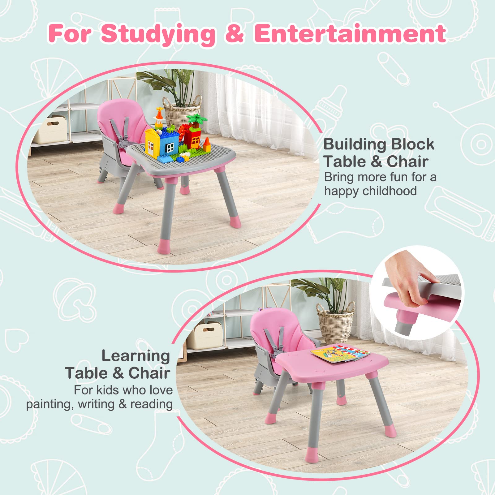 RELAX4LIFE 6 en 1 Trona Bebé con Arnes de 5 Puntos y Cojín Desmontables, Tronas de Bebe Portátil con Bandeja Ajustable y Extraíble, Mesa y Silla Infantil para Niños 6+ Meses, Carga 25kg (Rosa)
