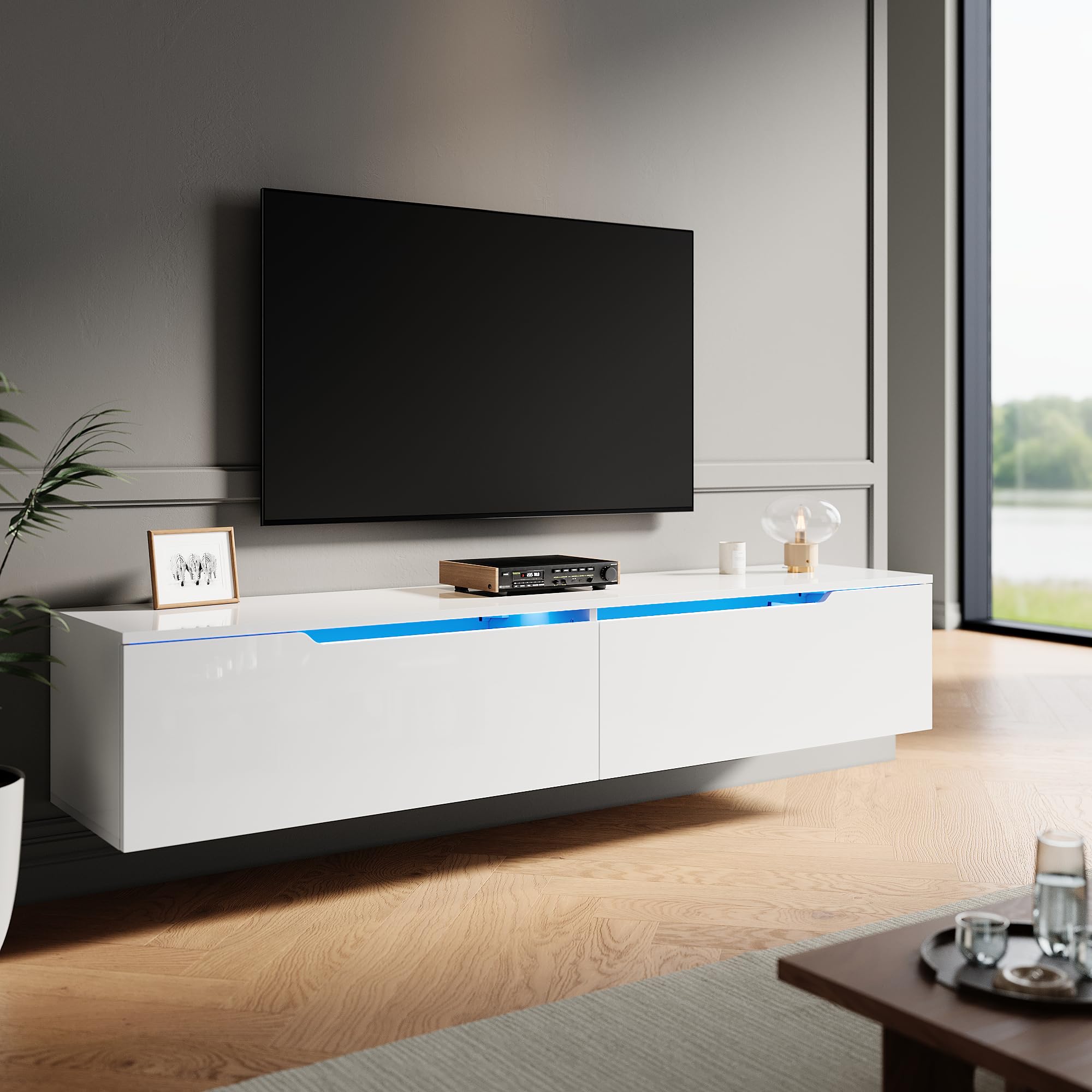 ELEGANT Gloss White Floating TV Unit Cabinet 1600x350x300mm Wall Mounted TV Shelf, Entertainment Center for Living Room, Floor-standing Available