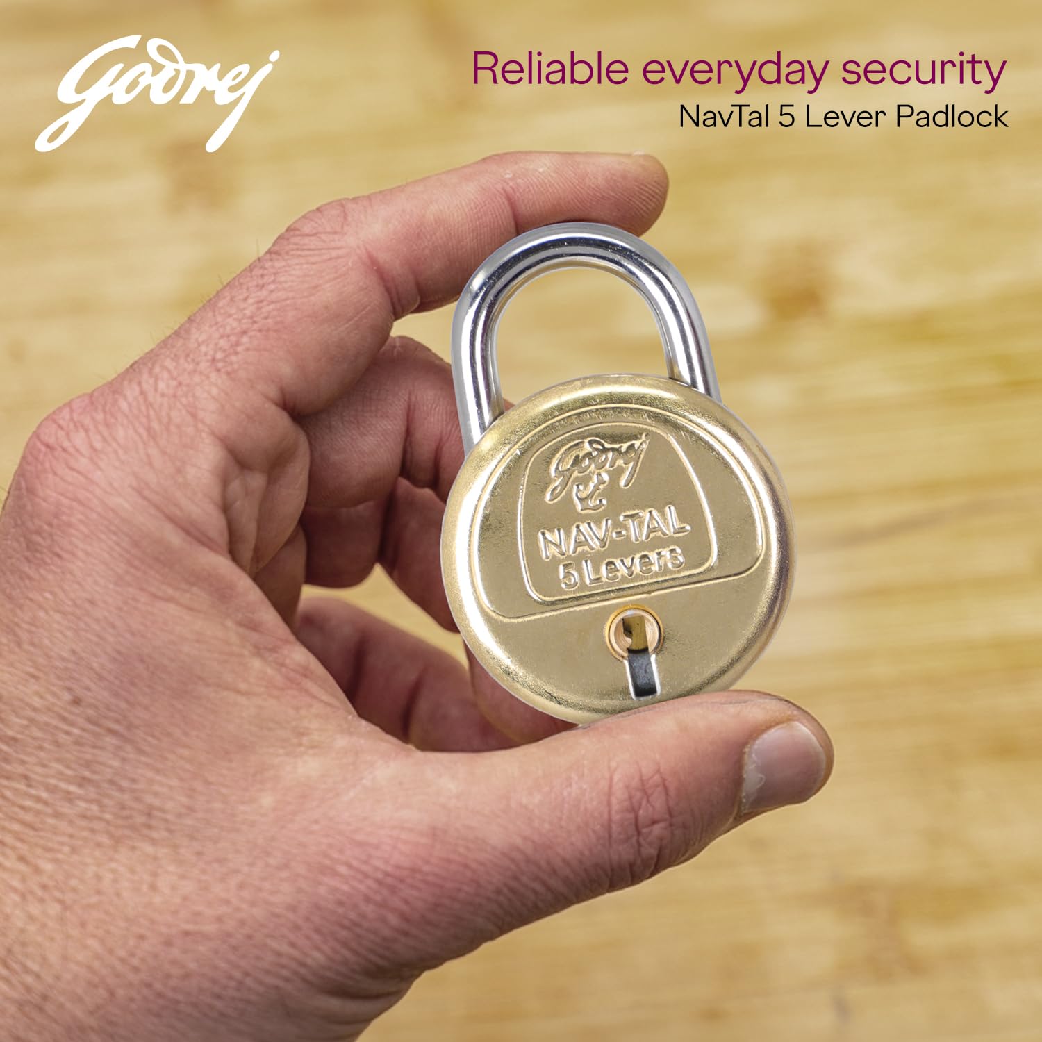 Godrej Padlock | Navtal 5 Lever Brass Padlock 40mm with 3 Keys | Strong Steel Shackle | Rust Resistant Lock for Main Door, Gates, Lockers, Cabinets, Travelling Bags & Tool Boxes | 1 Year Warranty — Amazon image 2