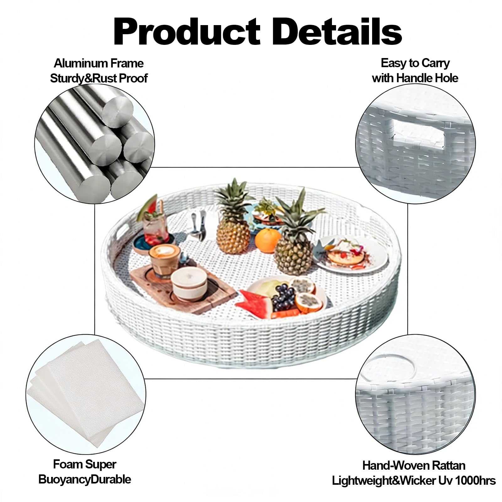Schwimmendes Buffet Tablett Mit Griffen,Rundes Rattan Design,Stabil Und Wasserdicht,Serviert Speisen Und Getränke,Ideal Für Pool,Whirlpool,See Und Gartenparty White-80 * 80 * 20cm