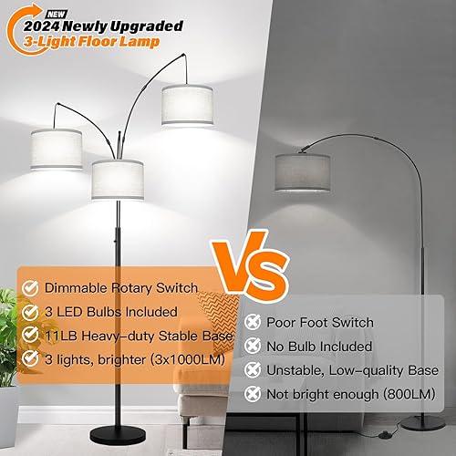 Miniatura 5 de Lámpara de pie regulable, 3 luces de arco para sala de estar, moderna lámpara de árbol alto con pantalla de lino gris y base pesada, lámpara de pie