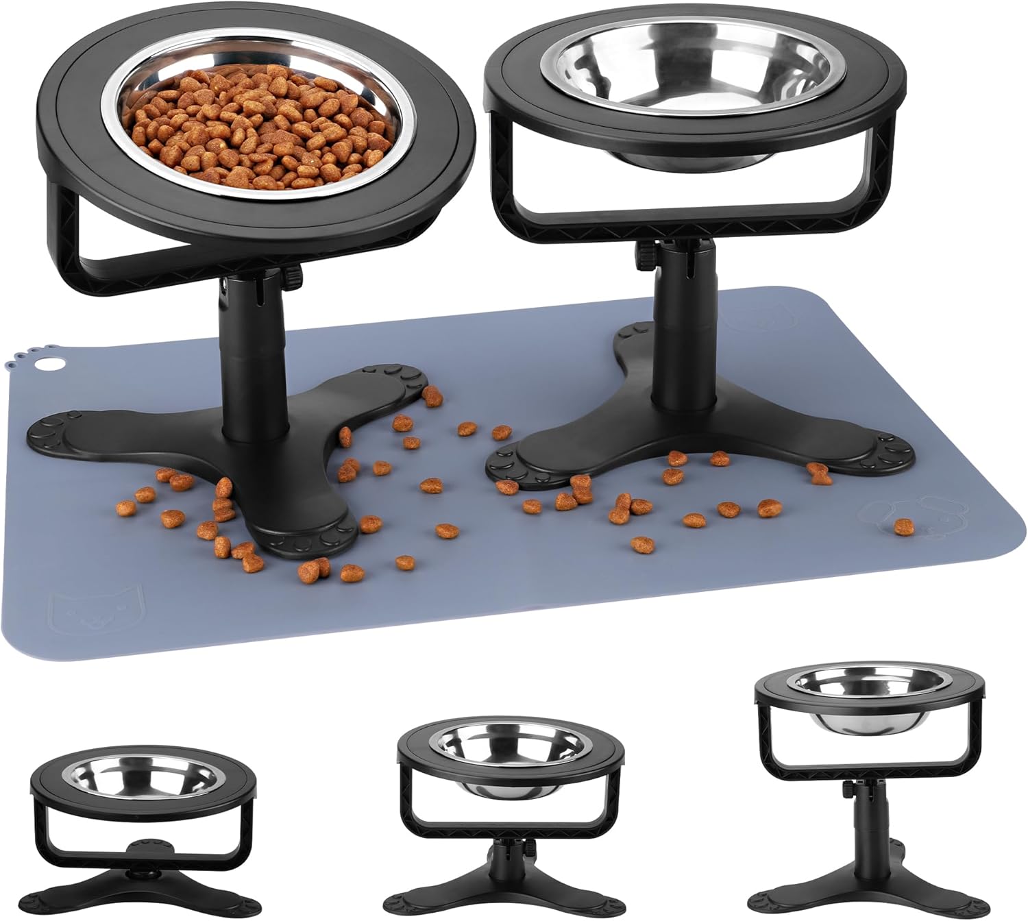 Raised Cat Bowls,Elevated Cat Bowls for Indoor Cats with Height-Adjustable Stand,Non-Slip Stainless Steel Cat Bowls,15° Tilted Cat Food Bowls (2 Pack)