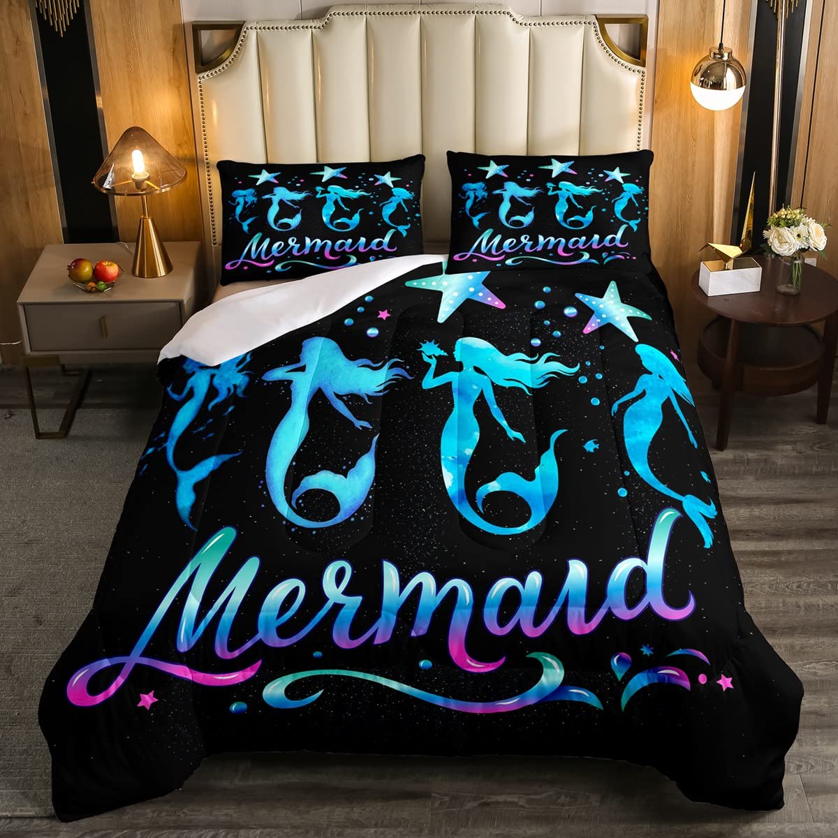 Galaxy Mermaid Ocean Sea Marine Underwater World Bedding Set Alphabet Star Pearl for Boys Girls Creature Sealife Duvet Insert King Size