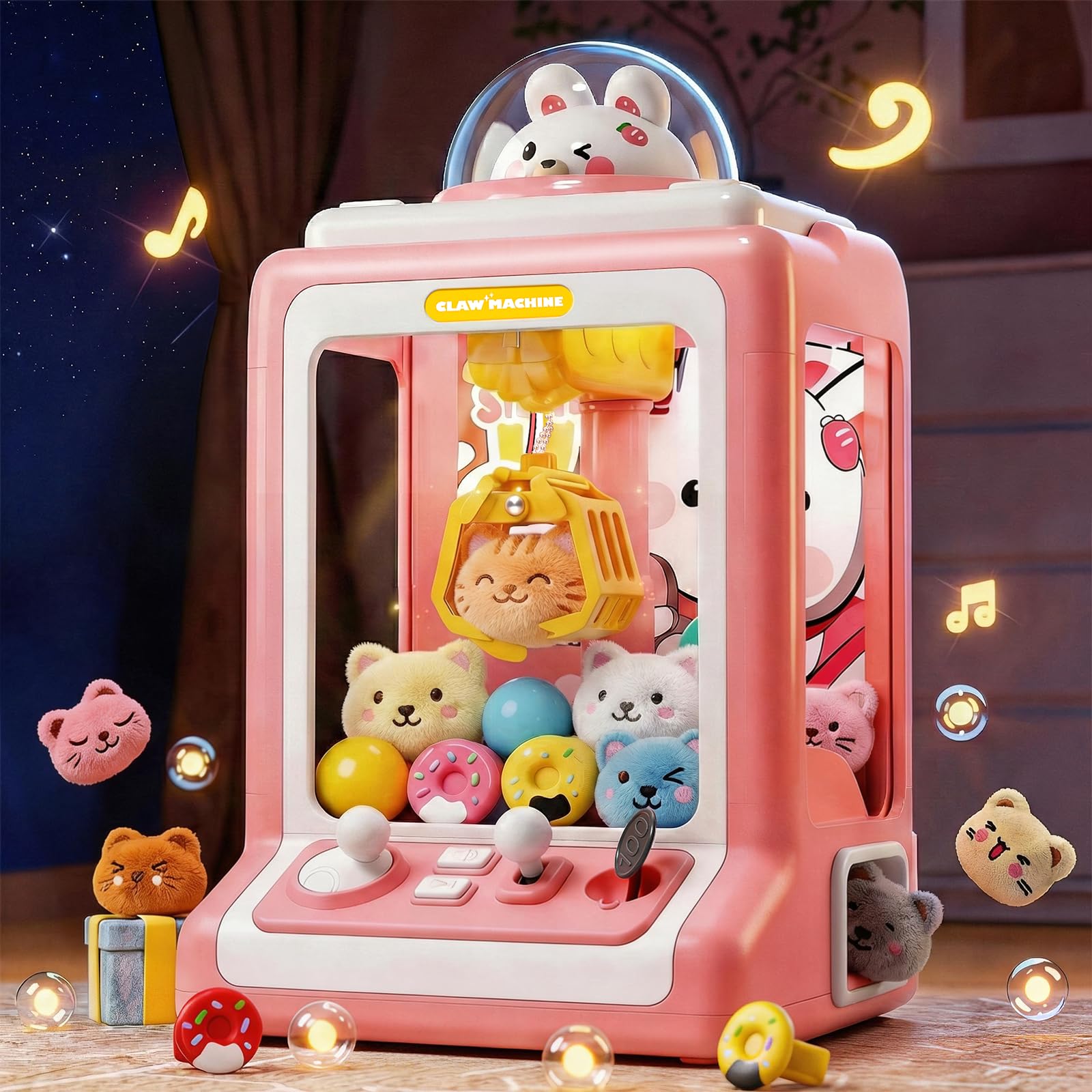 Claw Machine for Kids - Mini Vending Machine with Volume Control & Music, Electronic Rabbit Prize Dispenser Toys with 30 Prizes (Plush, Eggs), Party Birthday Gifts for Girls Age 3 4 5 6-8