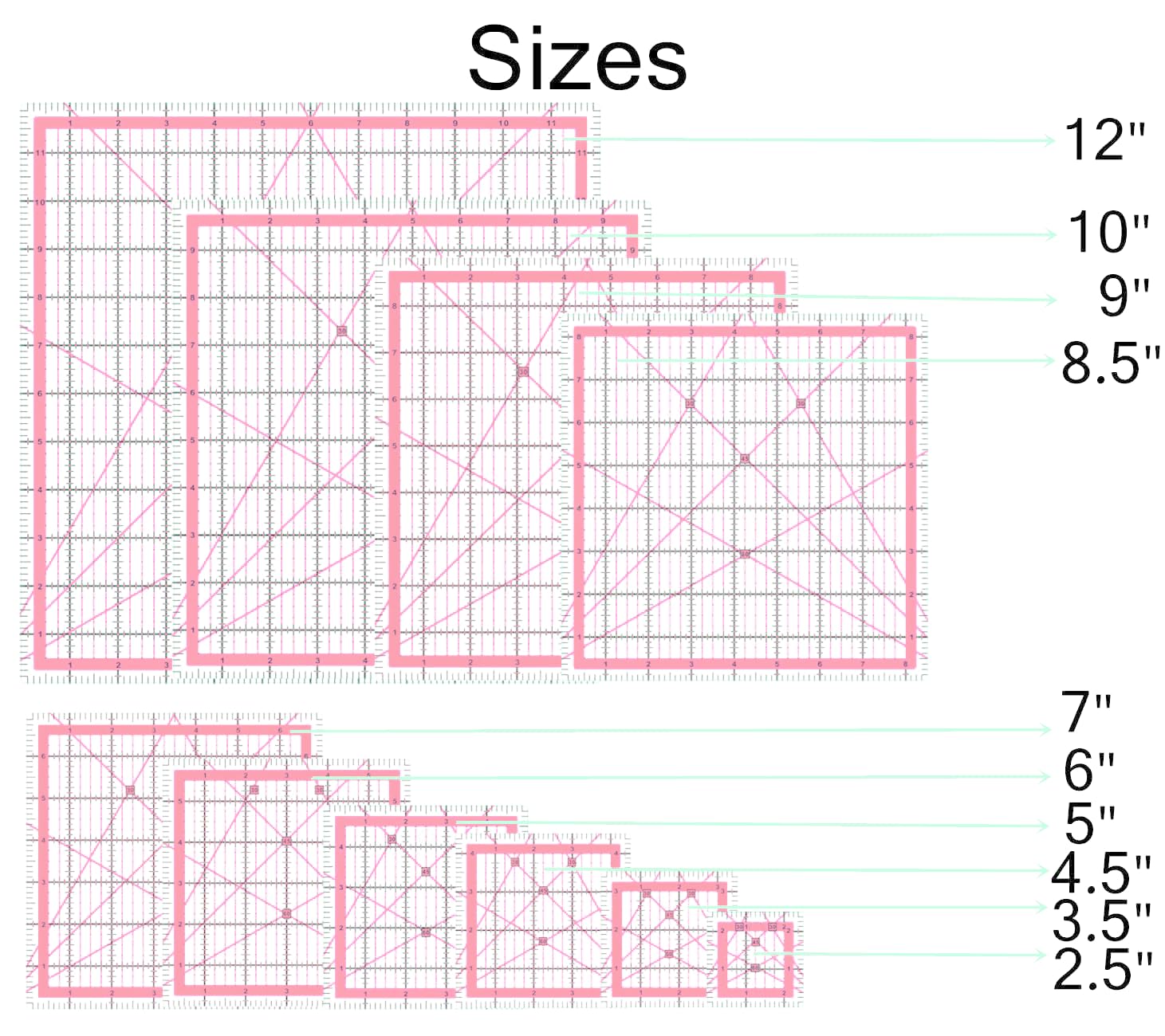 Quilting Rulers,10 Quilting Squares(2.5",3.5",4.5",5",6",7",8.5",9",10",12"),Quilting Rulers and Templates(Pink)