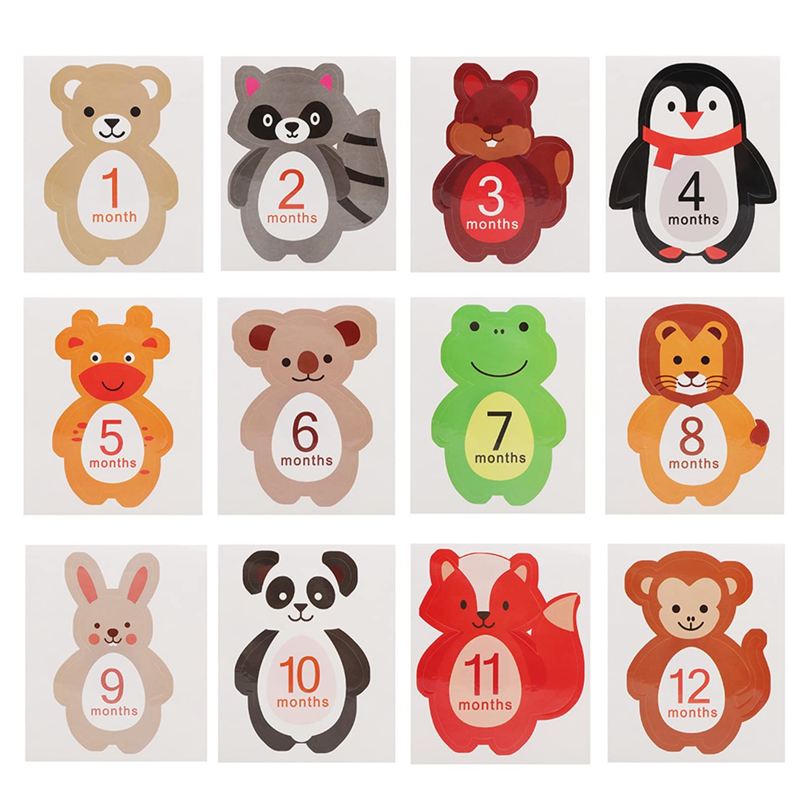Adorable 12pcs Newborn Baby Monthly Stickers for Milestone Memories - Easy Peel and Stick Cartoon Designs for 1-12 Month Photo Props Celebration