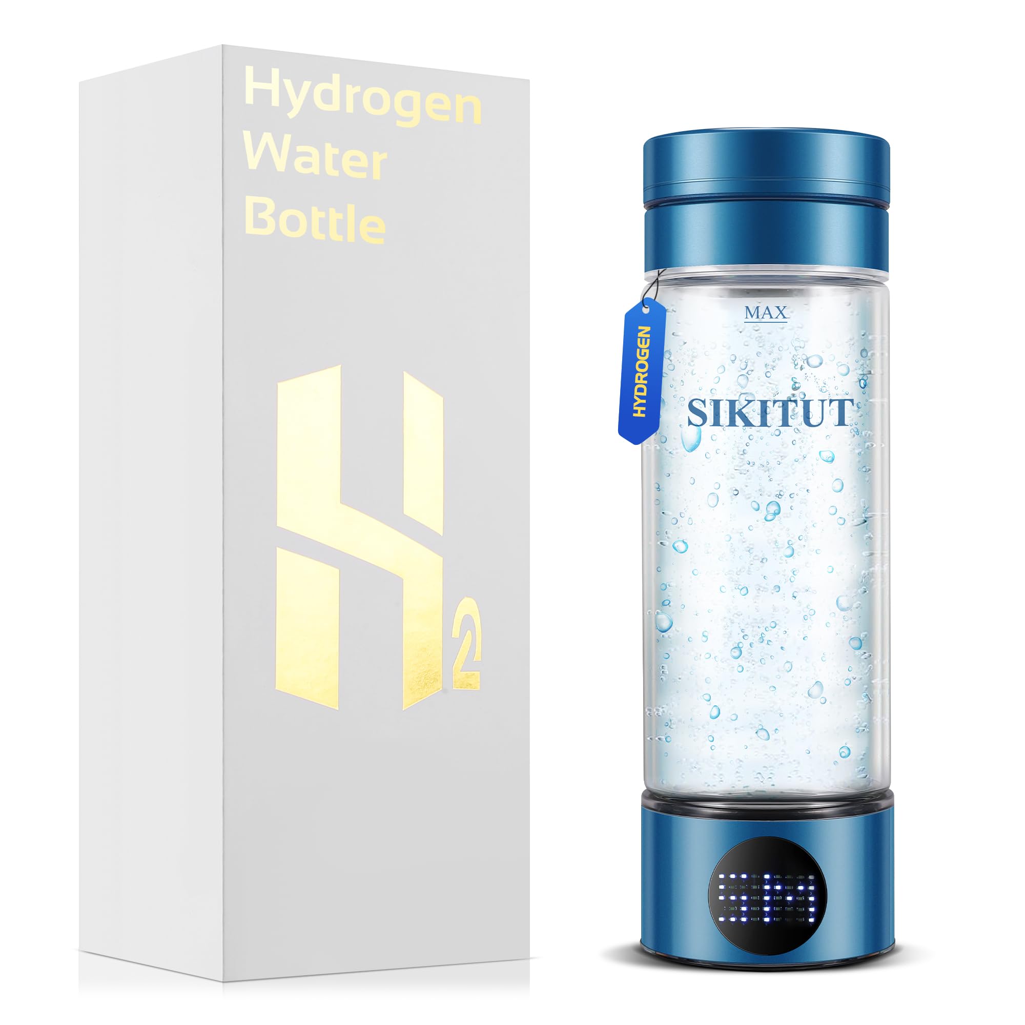SIKITUT Hydrogen Water Bottle, Portable Hydrogen Water Bottle Generator, Real 3000PPB Water Ionizer Machine with Countdown Timer and Battery Level Display, Blue