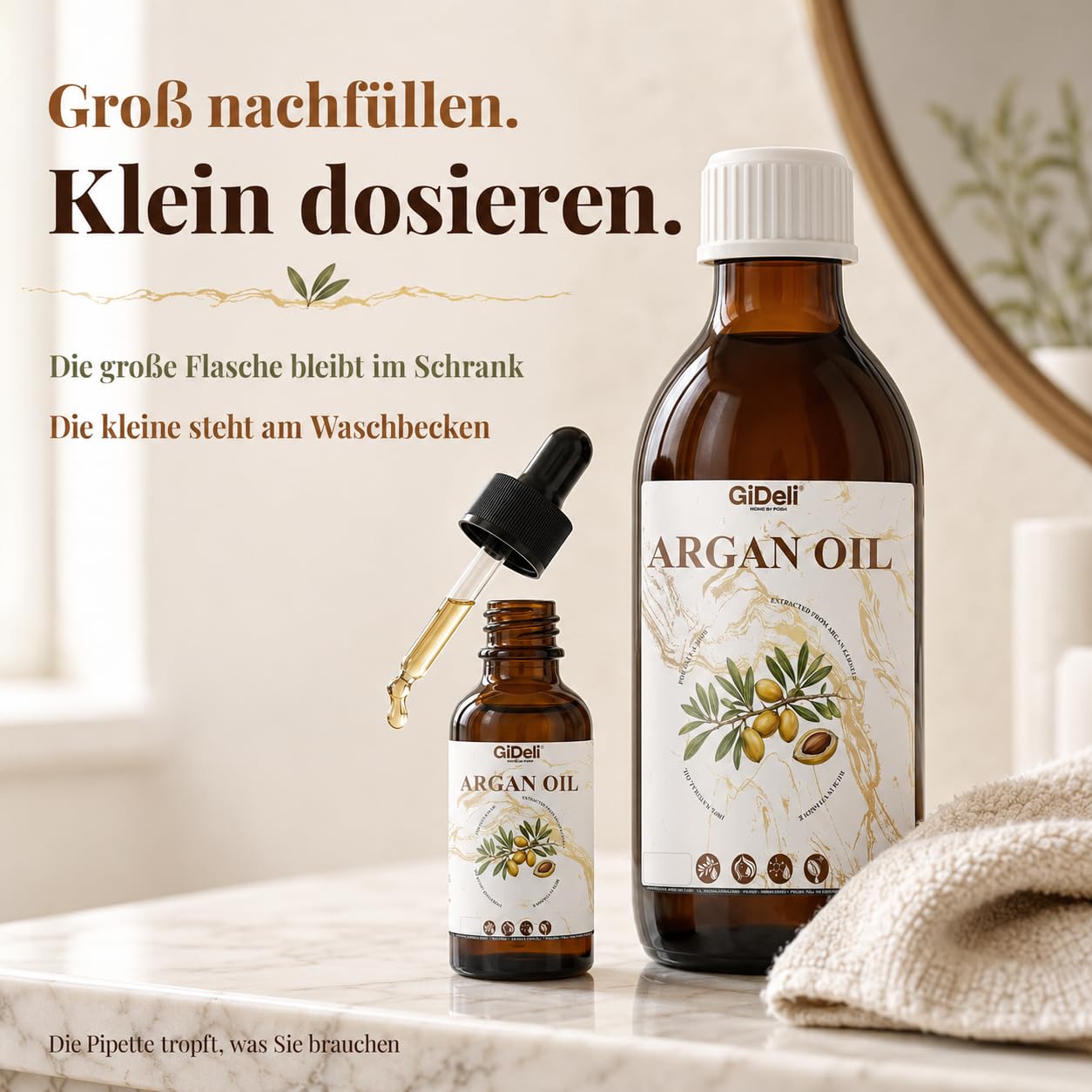 GiDeli Olio di argan per capelli, 1000 ml, olio per capelli e viso per pelle, unghie e barba, ricco di vitamina E per lucentezza e morbidezza, olio di argan naturale al 100% da semi di argan puri