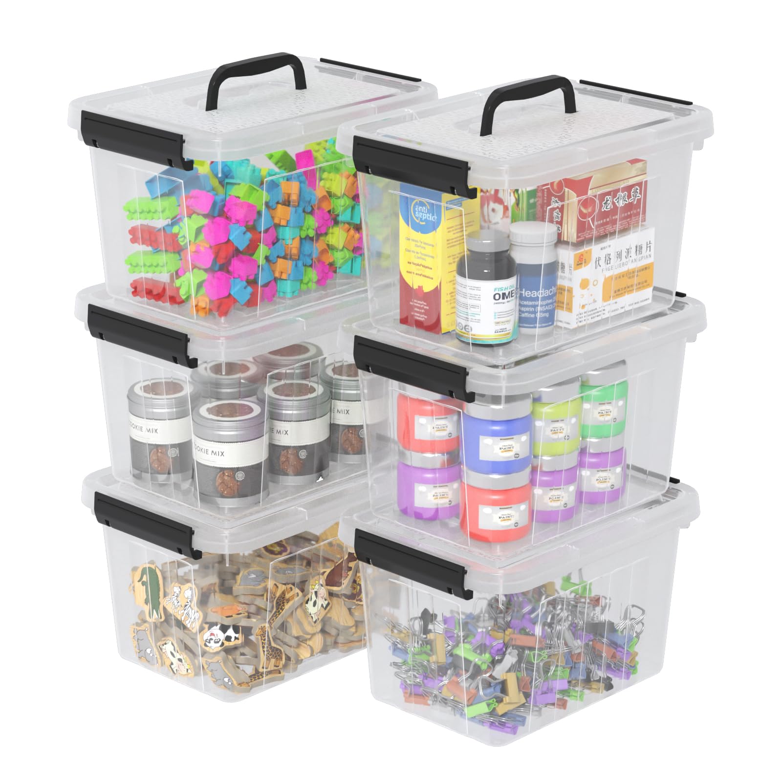 Boîtes de rangement plastique 3L lot de 6 avec couvercles noir empilables