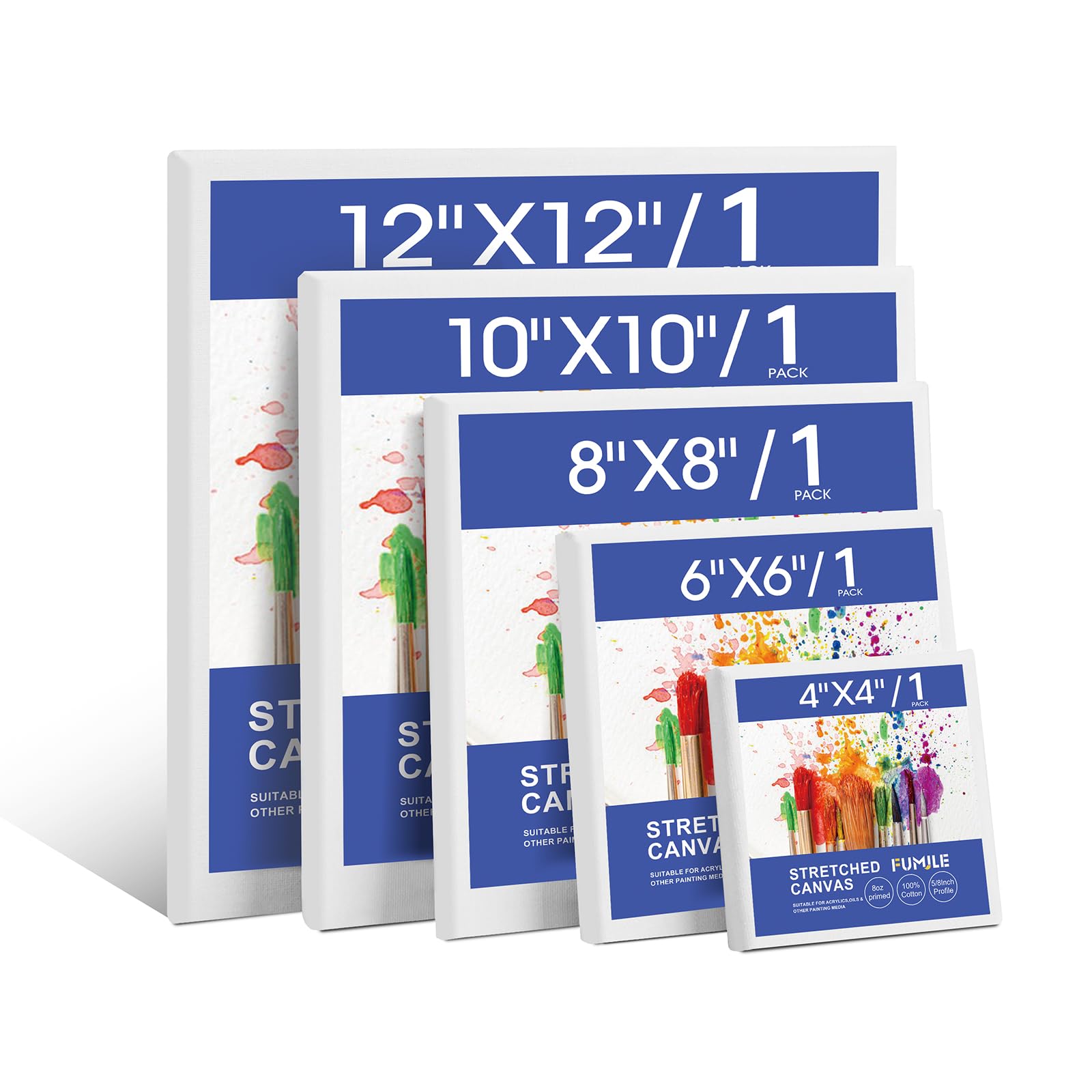 FUMILE Stretched Canvas for Painting Multi 5 Pack Square Canvas 4x4,6x6,8x8,10x10,12x12(1 of Each), Cotton Primed Acid Free Blank Canvases for Oil Paint, Acrylic Paint, Gouache and Tempera.