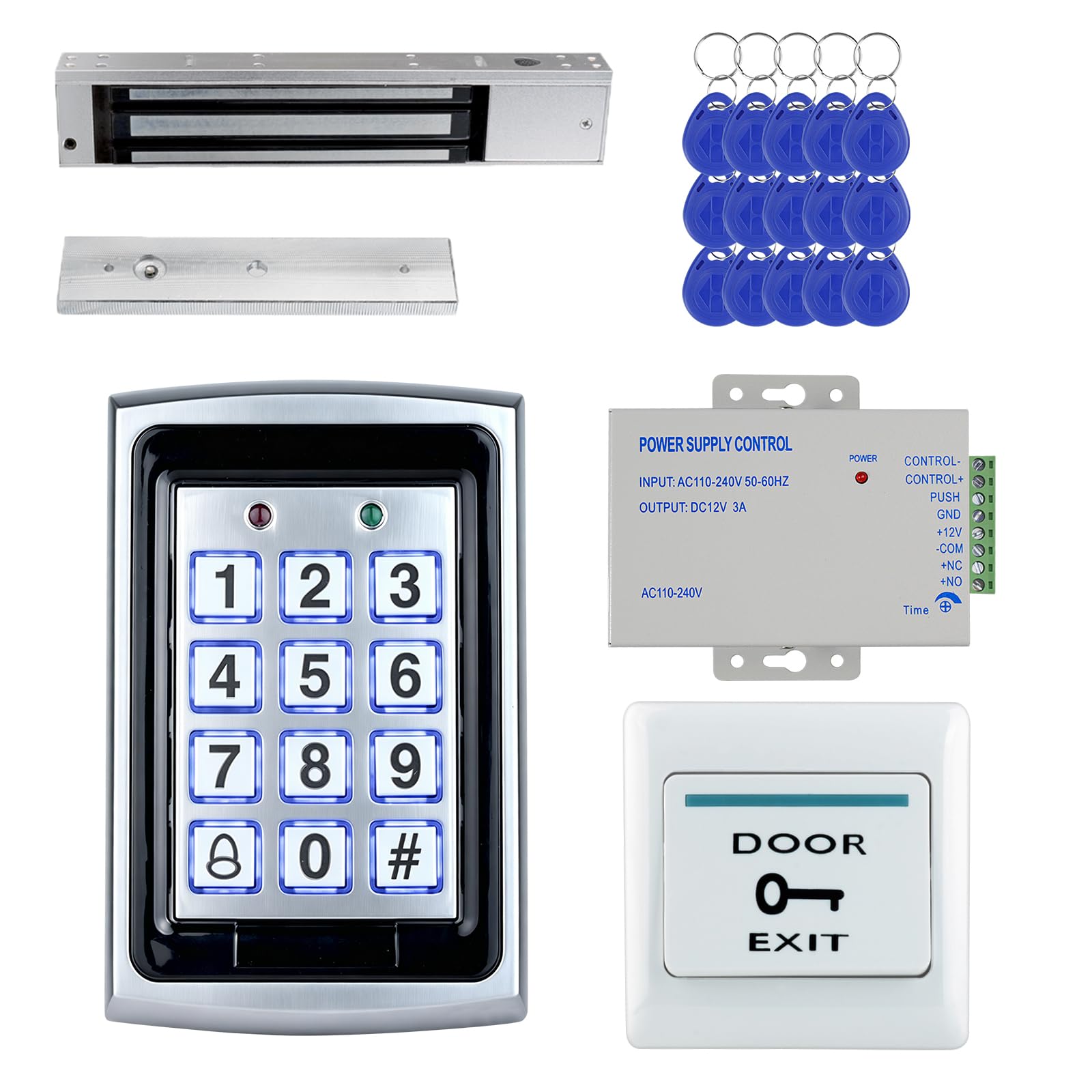 FusyTuly Zinc Alloy Access Control Kit, 280kg/600lb Magnetic Lock, Power Supply, Exit Button, 15 ID Keyfobs, 125kHz Card/PIN for Home Office