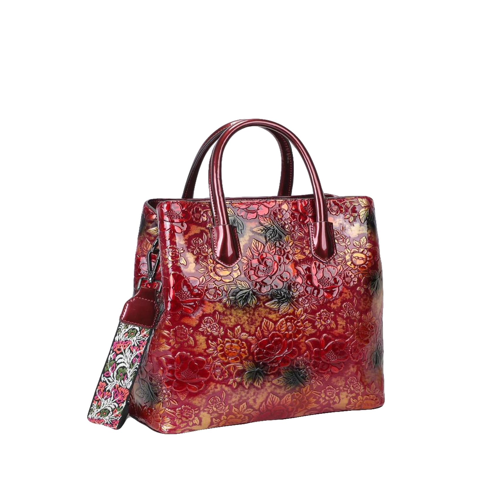 DAZZLE Floral Embossed PU Leather Handbags with Fancy Embroidery, Long Belt, Zipper Closure, Satchel Style, for Women L Red