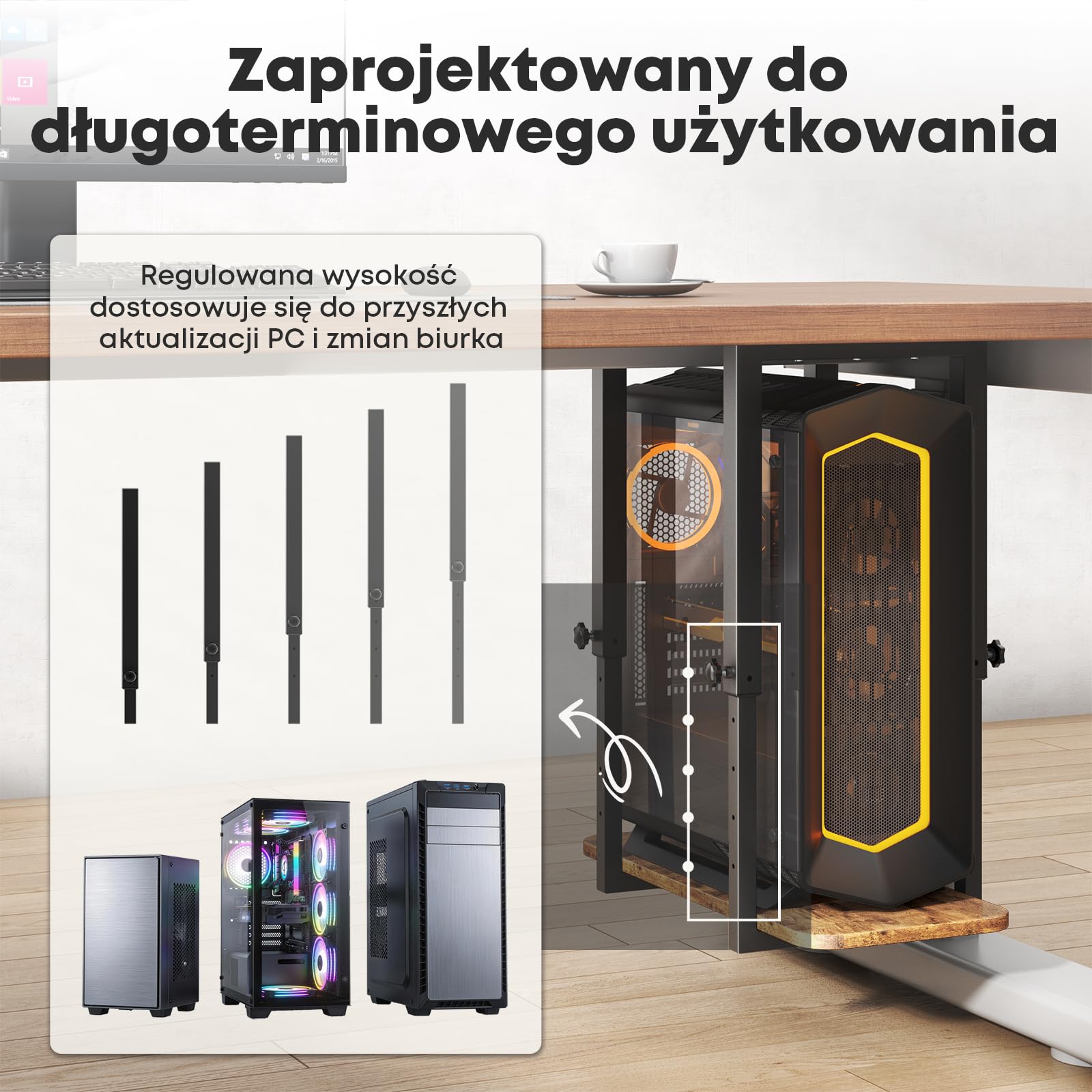 Solidny uchwyt PC pod biurko, regulowana wysokość – Uchwyt na obudowę PC, oszczędność miejsca, maksymalna waga 30 kg, Czarny & rustykalny brąz