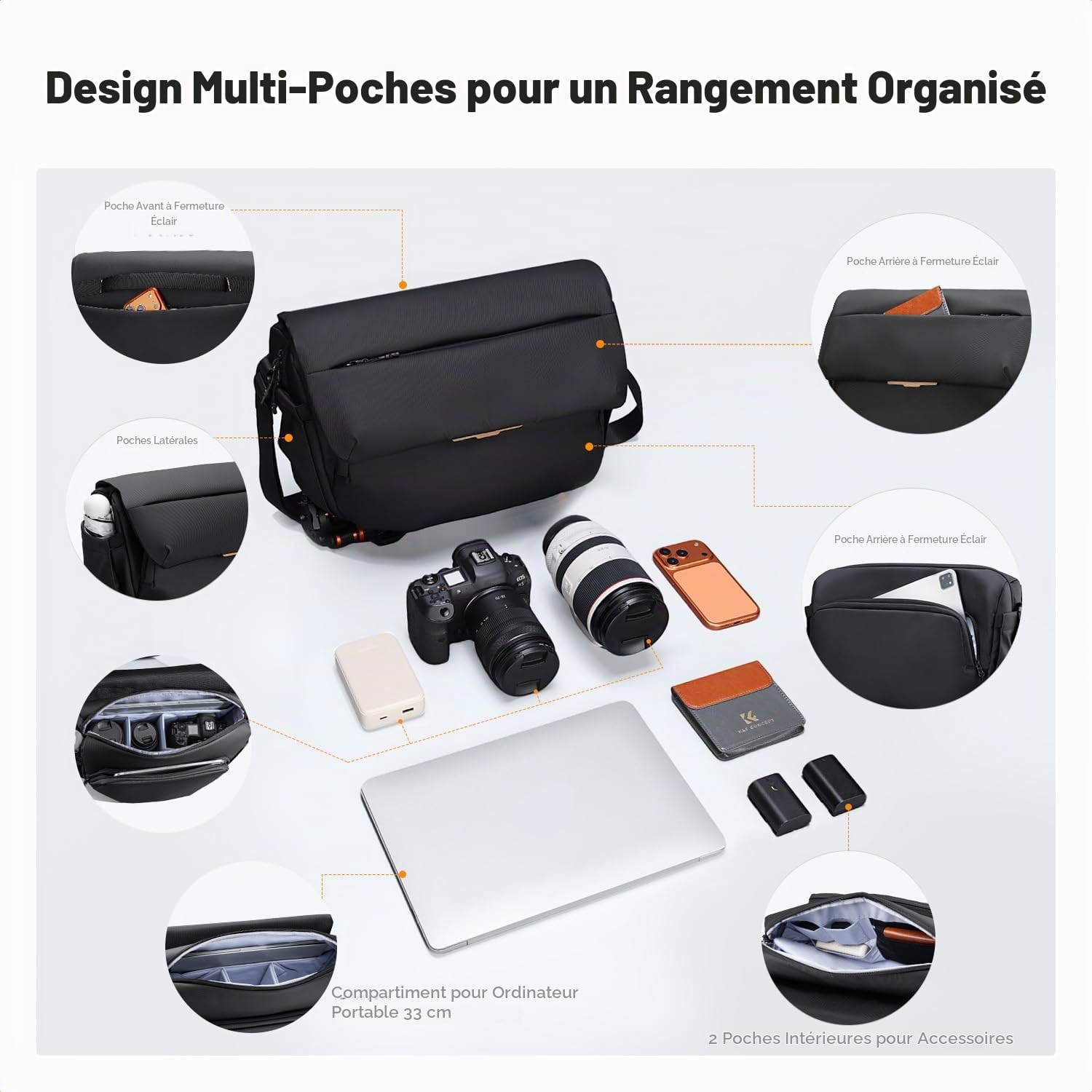 K&F CONCEPT Sac à Bandoulière pour Appareil Photo | Sac Bandoulière Étanche de Voyage Grande Capacité pour Appareil Photo, Compartiment Ordinateur 13 pouces，Noir，BS18