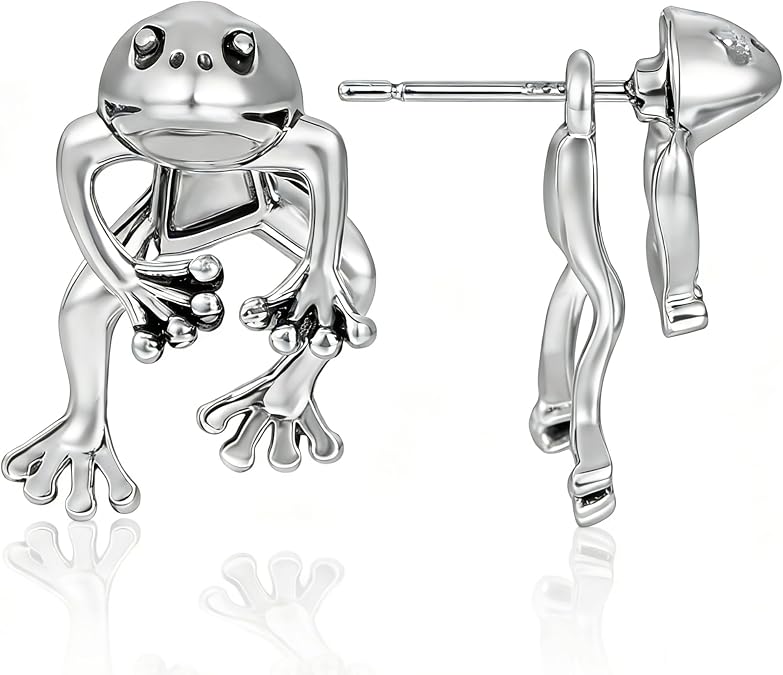 Frog Stud Earrings for Women - Hypoallergenic 3D Vintage Frog Shaped Dainty Earrings, Funny Cute Fun Animal Jewelry, Unique Unusual Weird Stuff Perfect Gifts
