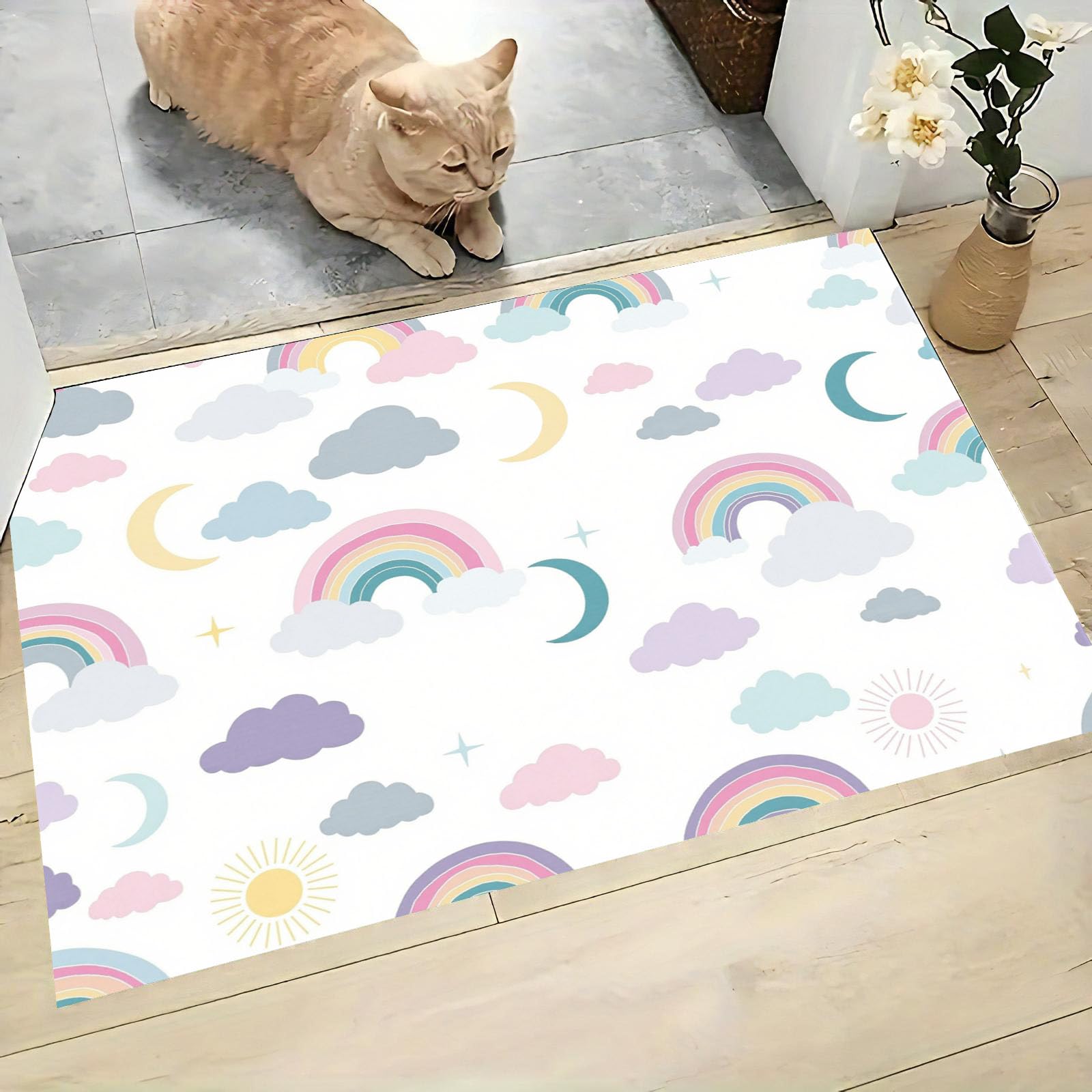Alfombra Entrada Antideslizante, Arcoíris, Nubes Y Luna Felpudo Entrada Casa Estilo De Chica Soñadora Alfombrilla Perfil Bajo, Absorbente, Fácil de Limpiar para Puerta, Pasillo, Oficina, 80x120cm