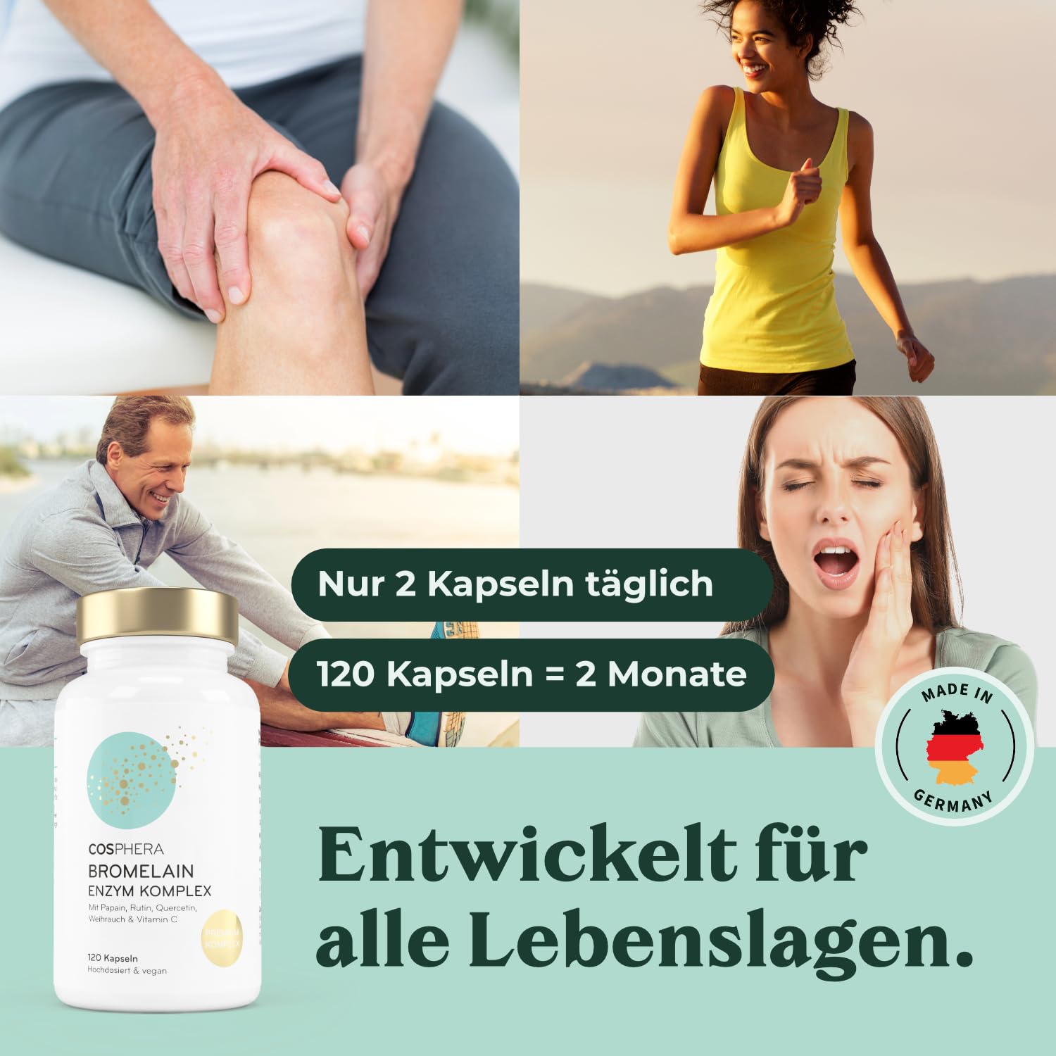 Bromelain hochdosiert 5000 FIP - 6-in-1 Ananas Enzym Komplex mit Papain, Quercetin, Weihrauch, Rutin & Vitamin C - 120 Magensaftresistente Kapseln (2 Monate) - Vegan & Made in Germany von COSPHERA®