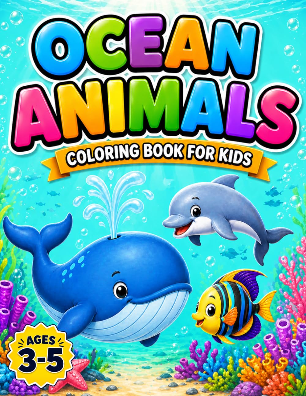 Ocean Animals Coloring Book for Kids Ages 3–5: Cute and Easy Sea Creatures Coloring Pages for Toddlers and Preschool Kids