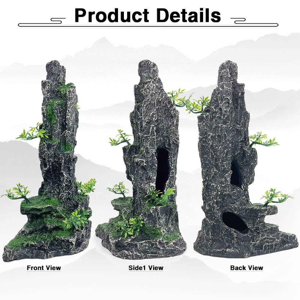 Adorno de piedra con vista a la montaña para acuario, árbol, cueva de roca, decoración de acuario grande y alto, decoraciones de acuario extra grandes para decoraciones de peceras para pecera,