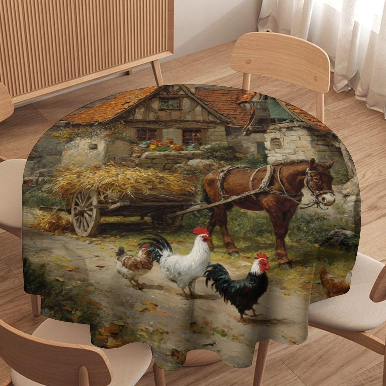 LUYYSKY Classic Abstract Donkeys Round Tablecloth Retro Modern Stone House Animals Chickens Roosters Pattern Washable Decor for Table Cover for Kitchen-177.8" Wx177.8 L cm