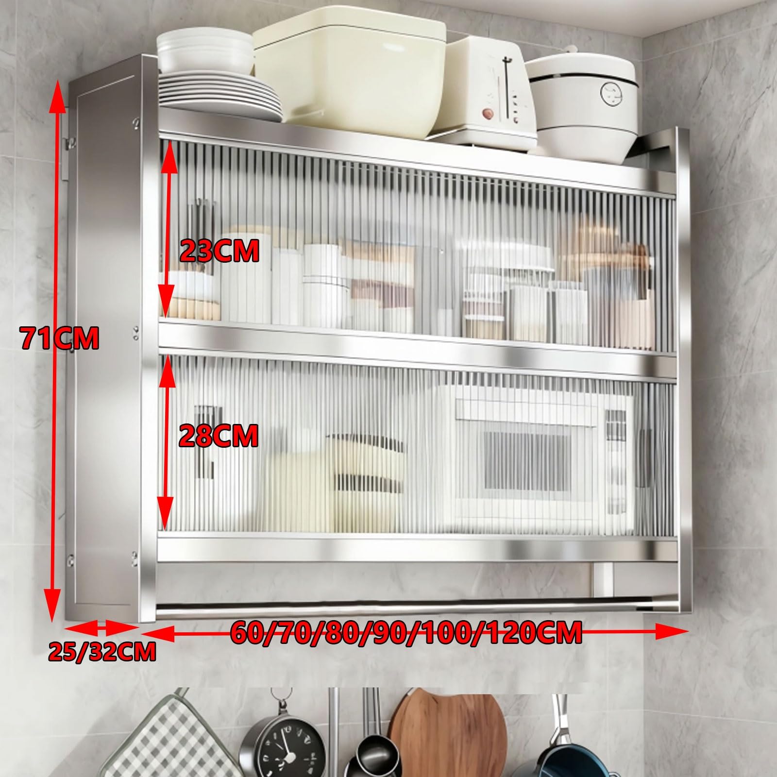 Armario de Pared Colgante de Acero Inoxidable para Cocina Baño Garaje con Puerta Corredera Semitransparente Barra para Colgar Varios Tamaños Disponibles(120 * 32 * 71cm)
